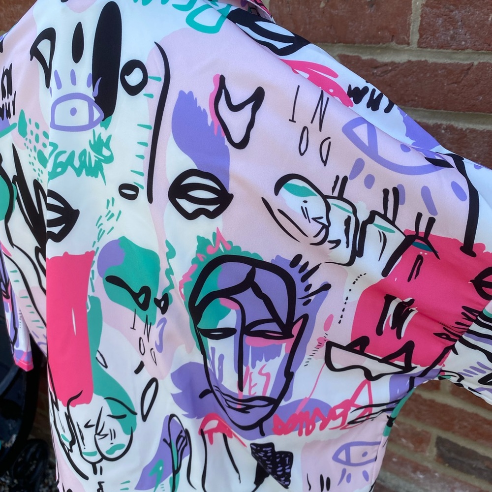 SHEIN Size L Large Cropped Short Sleeve Abstract Print Blouse Button Up Retro - Picture 8 of 9